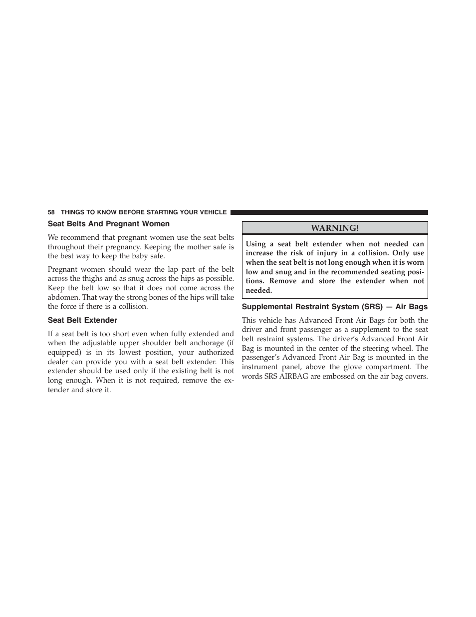 Seat belts and pregnant women, Seat belt extender, Supplemental restraint system (srs) — air bags | Supplemental restraint system (srs) — air, Bags | Dodge 2013 Challenger_SRT - Owner Manual User Manual | Page 60 / 520