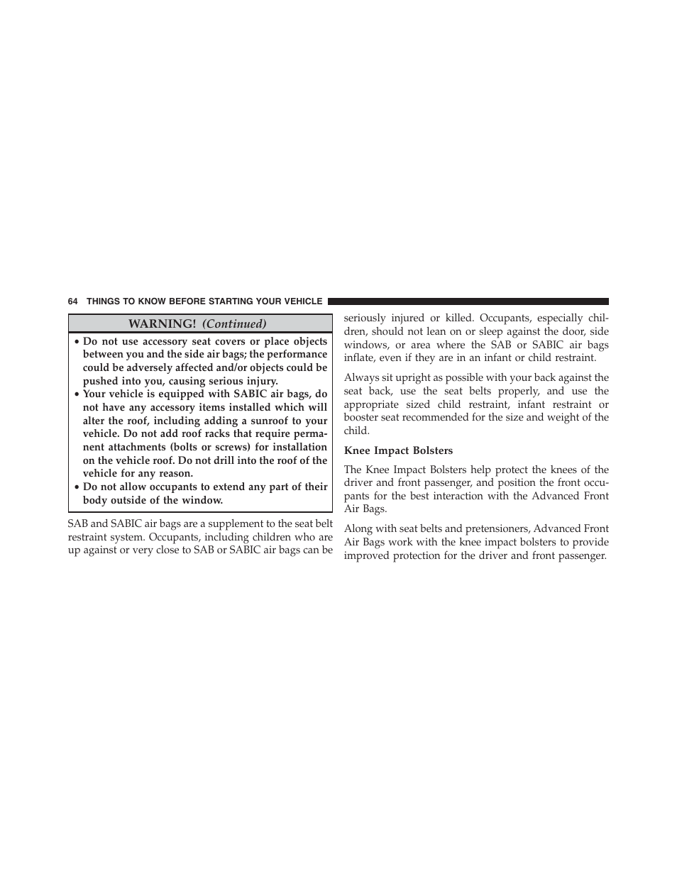 Knee impact bolsters | Dodge 2013 Challenger_SRT - Owner Manual User Manual | Page 66 / 520