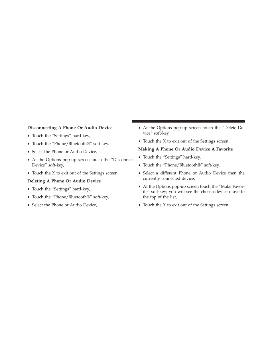 Disconnecting a phone or audio device, Deleting a phone or audio device, Making a phone or audio device a favorite | Dodge 2013 Charger - Owner Manual User Manual | Page 134 / 631