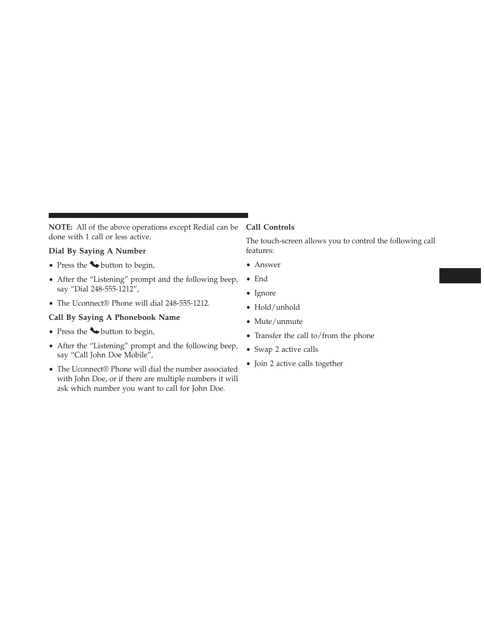 Dial by saying a number, Call by saying a phonebook name, Call controls | Dodge 2013 Charger - Owner Manual User Manual | Page 137 / 631