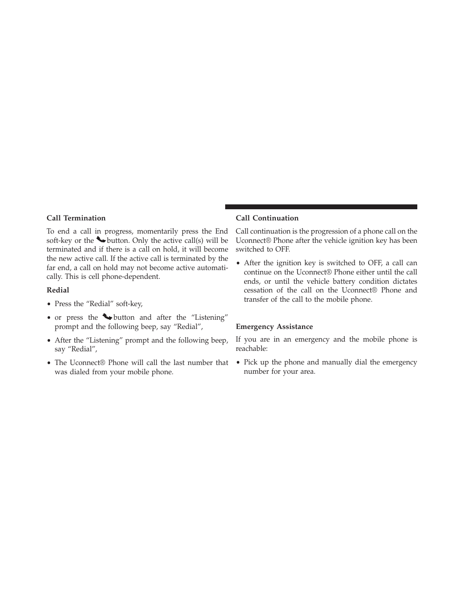 Call termination, Redial, Call continuation | Uconnect® phone features, Emergency assistance | Dodge 2013 Charger - Owner Manual User Manual | Page 140 / 631