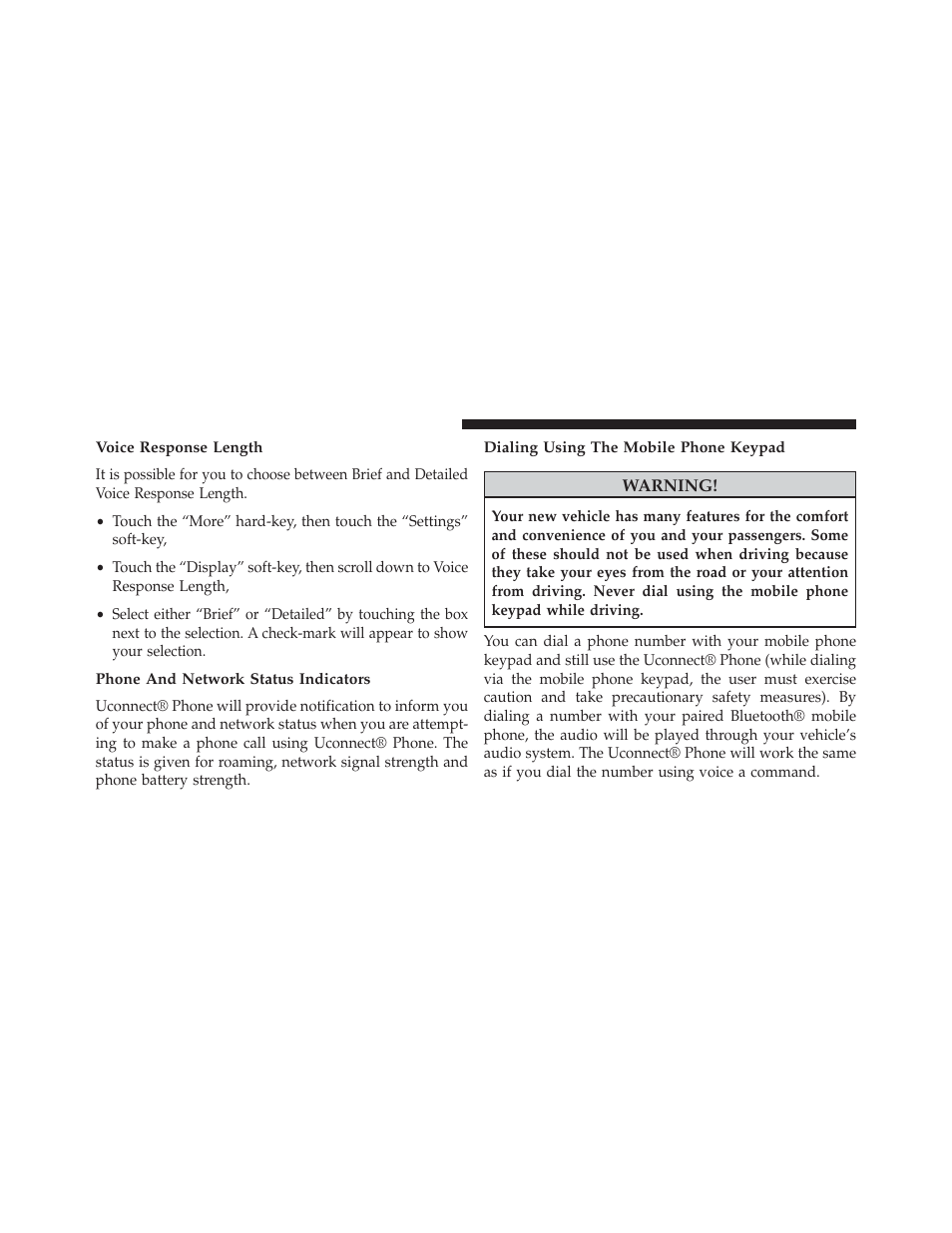 Voice response length, Phone and network status indicators, Dialing using the mobile phone keypad | Dodge 2013 Charger - Owner Manual User Manual | Page 144 / 631