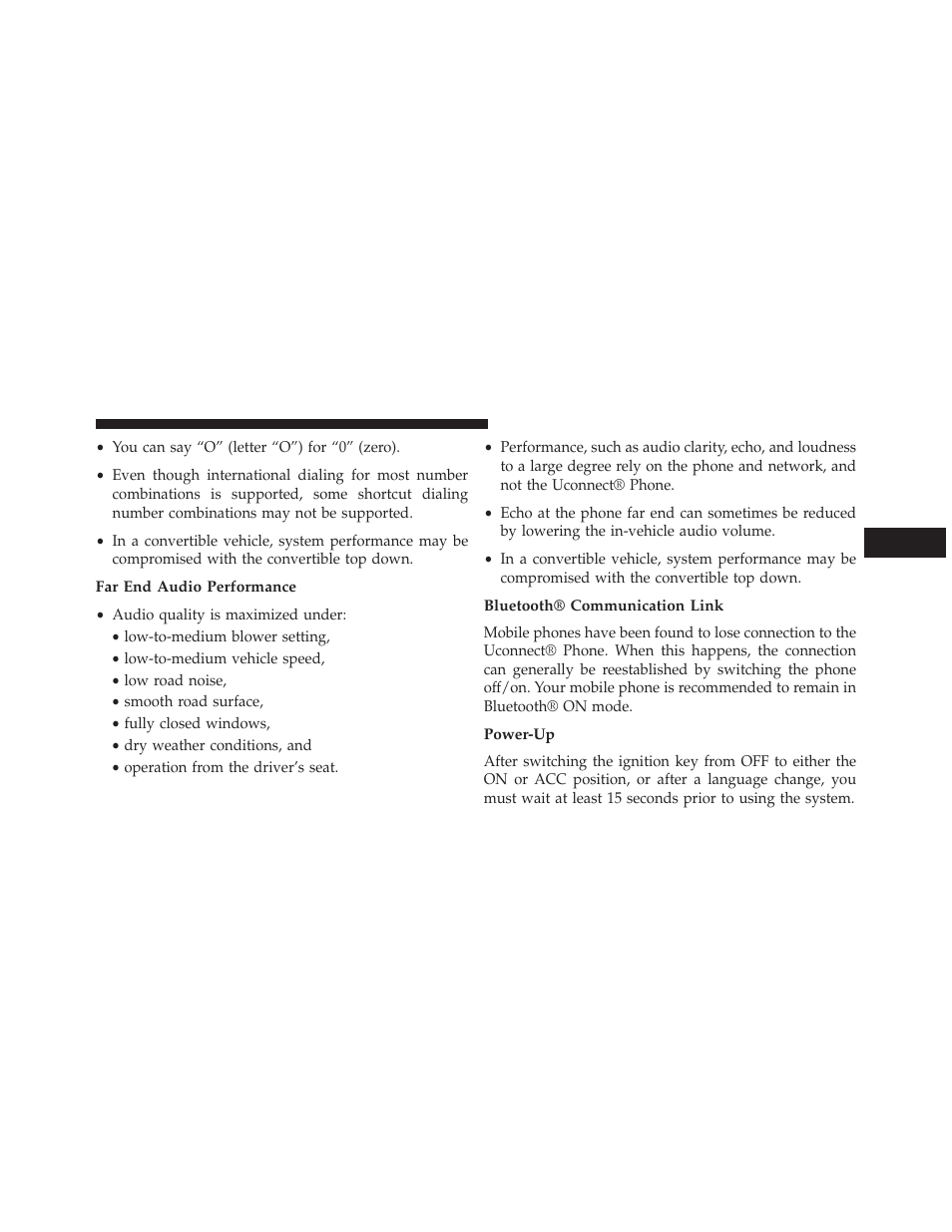 Far end audio performance, Bluetooth® communication link, Power-up | Dodge 2013 Charger - Owner Manual User Manual | Page 147 / 631