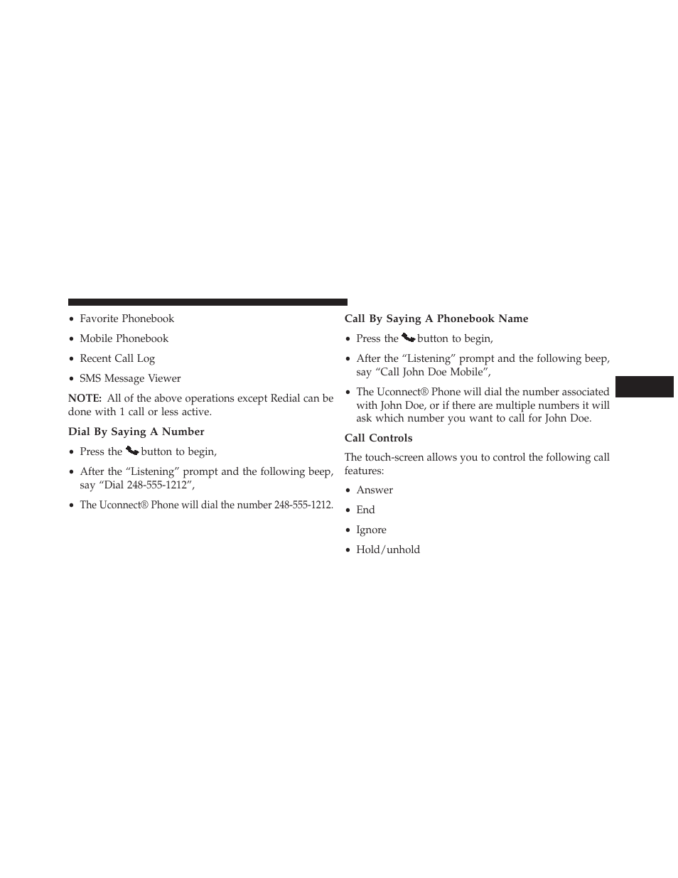 Dial by saying a number, Call by saying a phonebook name, Call controls | Dodge 2013 Charger - Owner Manual User Manual | Page 165 / 631