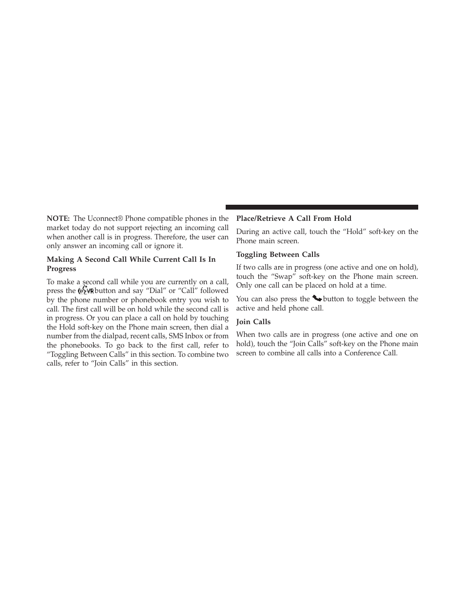 Place/retrieve a call from hold, Toggling between calls, Join calls | Dodge 2013 Charger - Owner Manual User Manual | Page 168 / 631