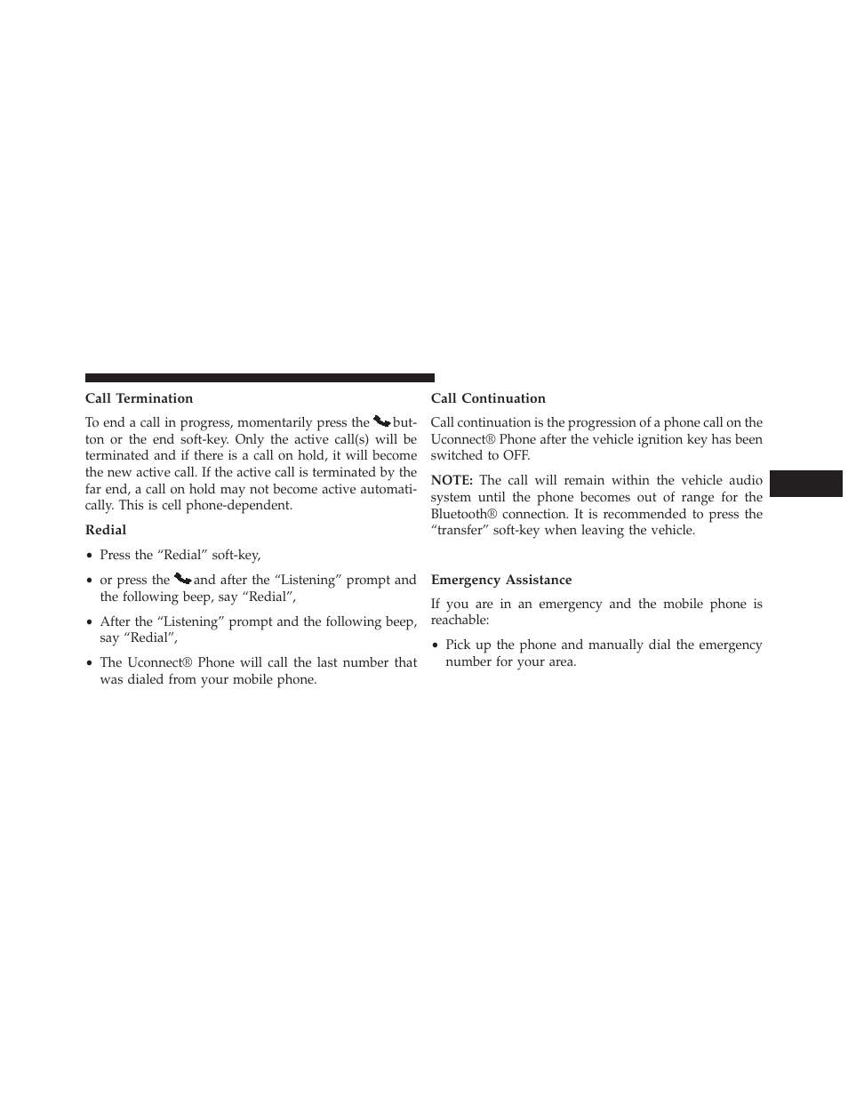 Call termination, Redial, Call continuation | Uconnect® phone features, Emergency assistance | Dodge 2013 Charger - Owner Manual User Manual | Page 169 / 631