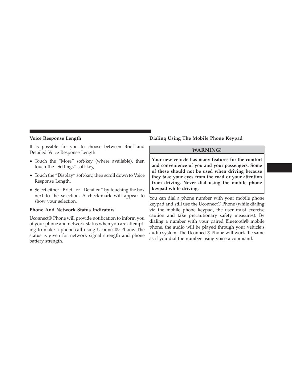 Voice response length, Phone and network status indicators, Dialing using the mobile phone keypad | Dodge 2013 Charger - Owner Manual User Manual | Page 173 / 631