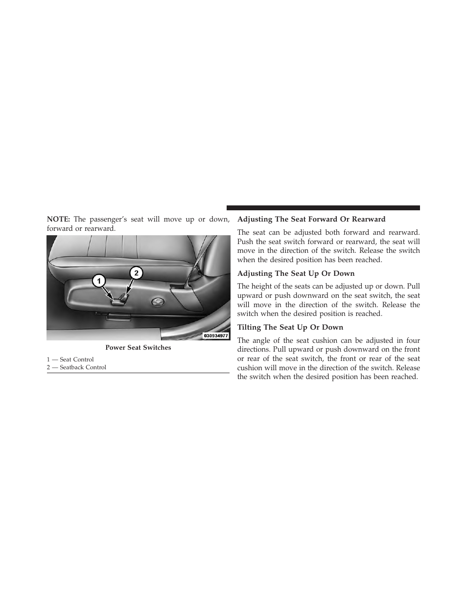 Adjusting the seat forward or rearward, Adjusting the seat up or down, Tilting the seat up or down | Dodge 2013 Charger - Owner Manual User Manual | Page 202 / 631