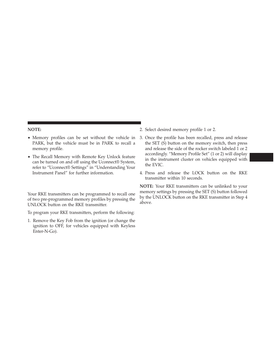 Linking and unlinking the remote keyless, Entry transmitter to memory | Dodge 2013 Charger - Owner Manual User Manual | Page 217 / 631