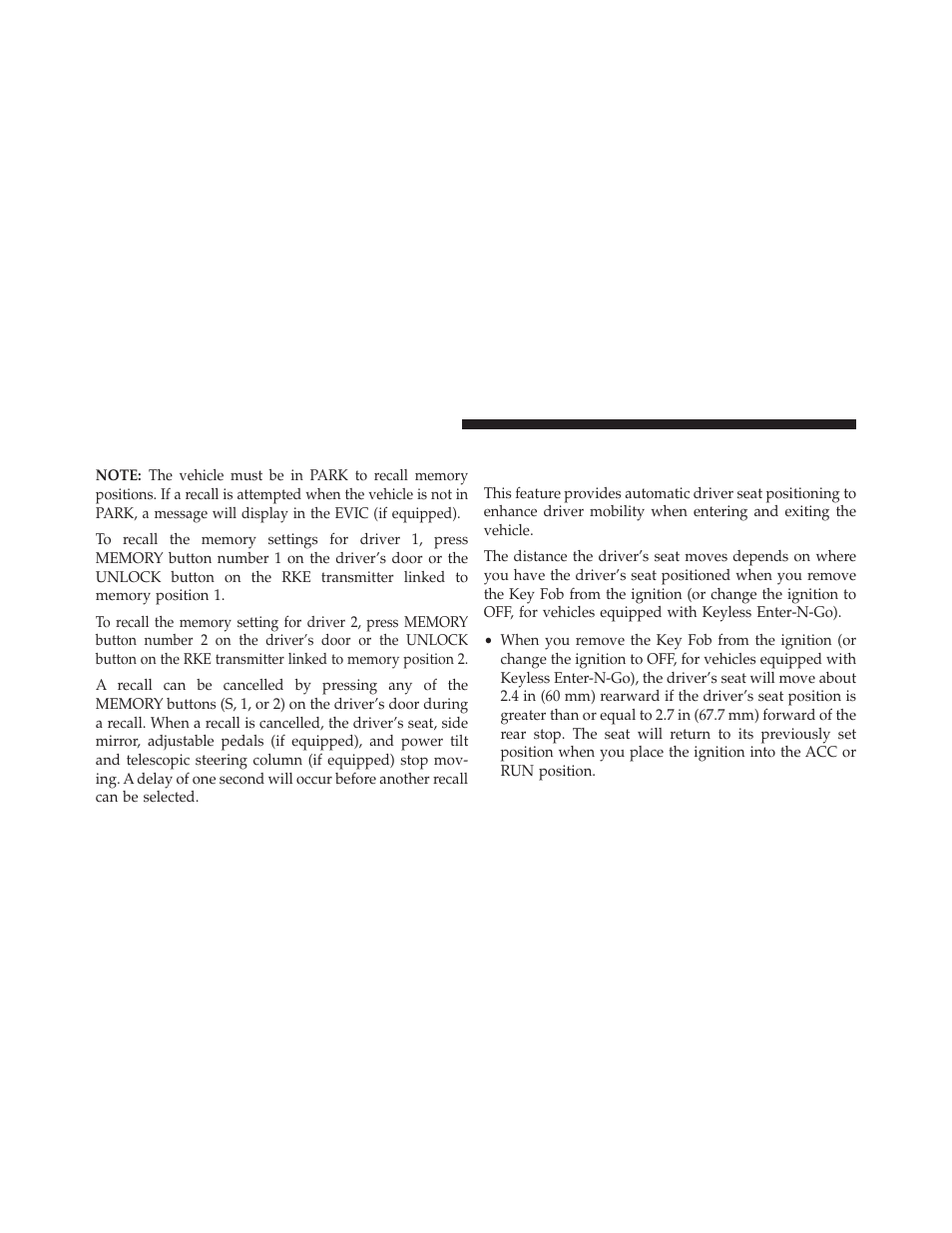 Memory position recall, Easy entry/exit seat (available with, Memory seat only) | Dodge 2013 Charger - Owner Manual User Manual | Page 218 / 631