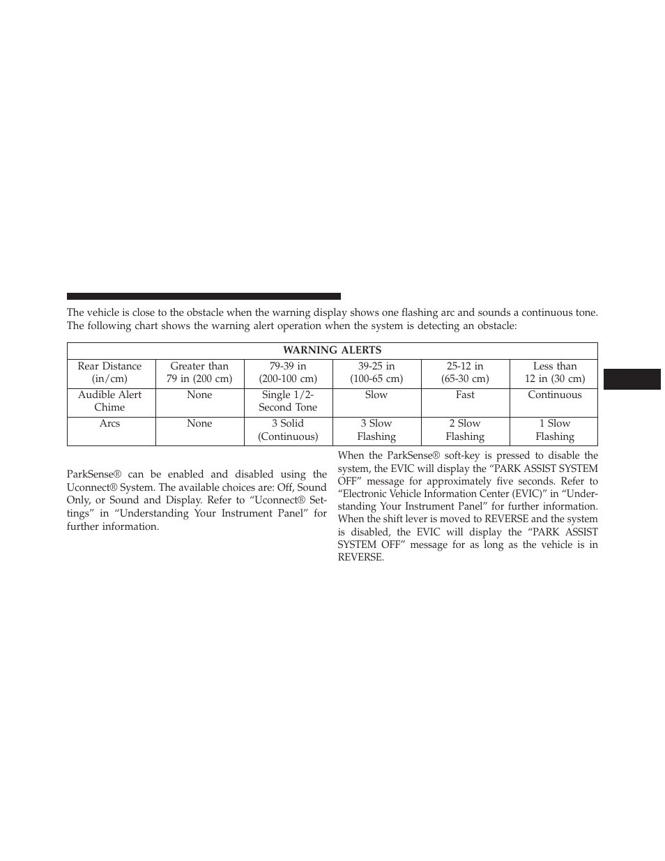 Enabling and disabling parksense | Dodge 2013 Charger - Owner Manual User Manual | Page 277 / 631