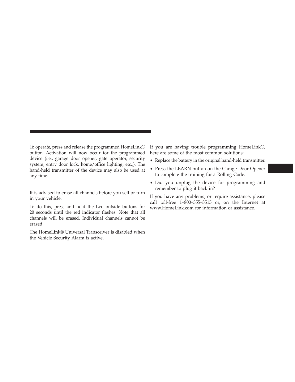 Using homelink, Security, Troubleshooting tips | Dodge 2013 Charger - Owner Manual User Manual | Page 293 / 631