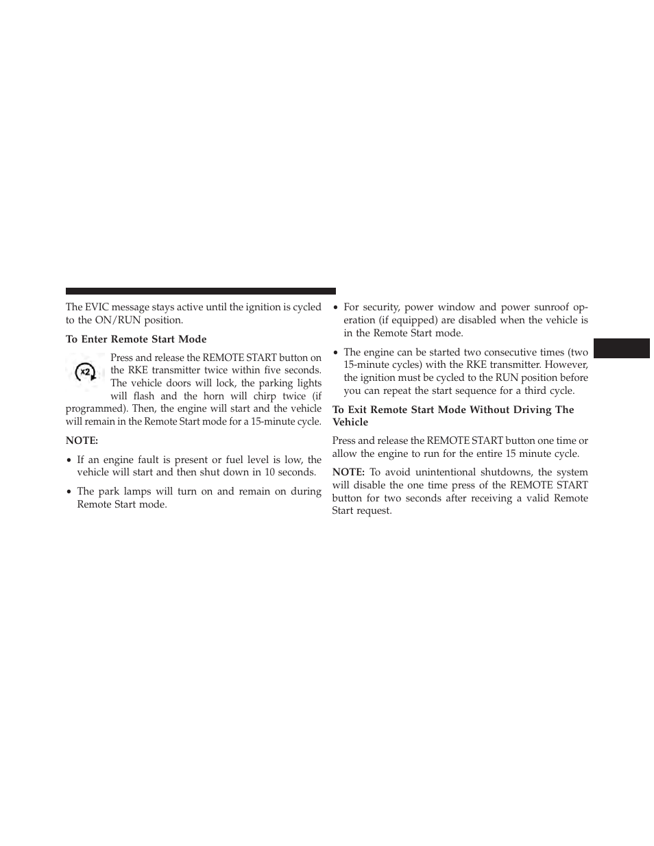 To enter remote start mode | Dodge 2013 Charger - Owner Manual User Manual | Page 31 / 631