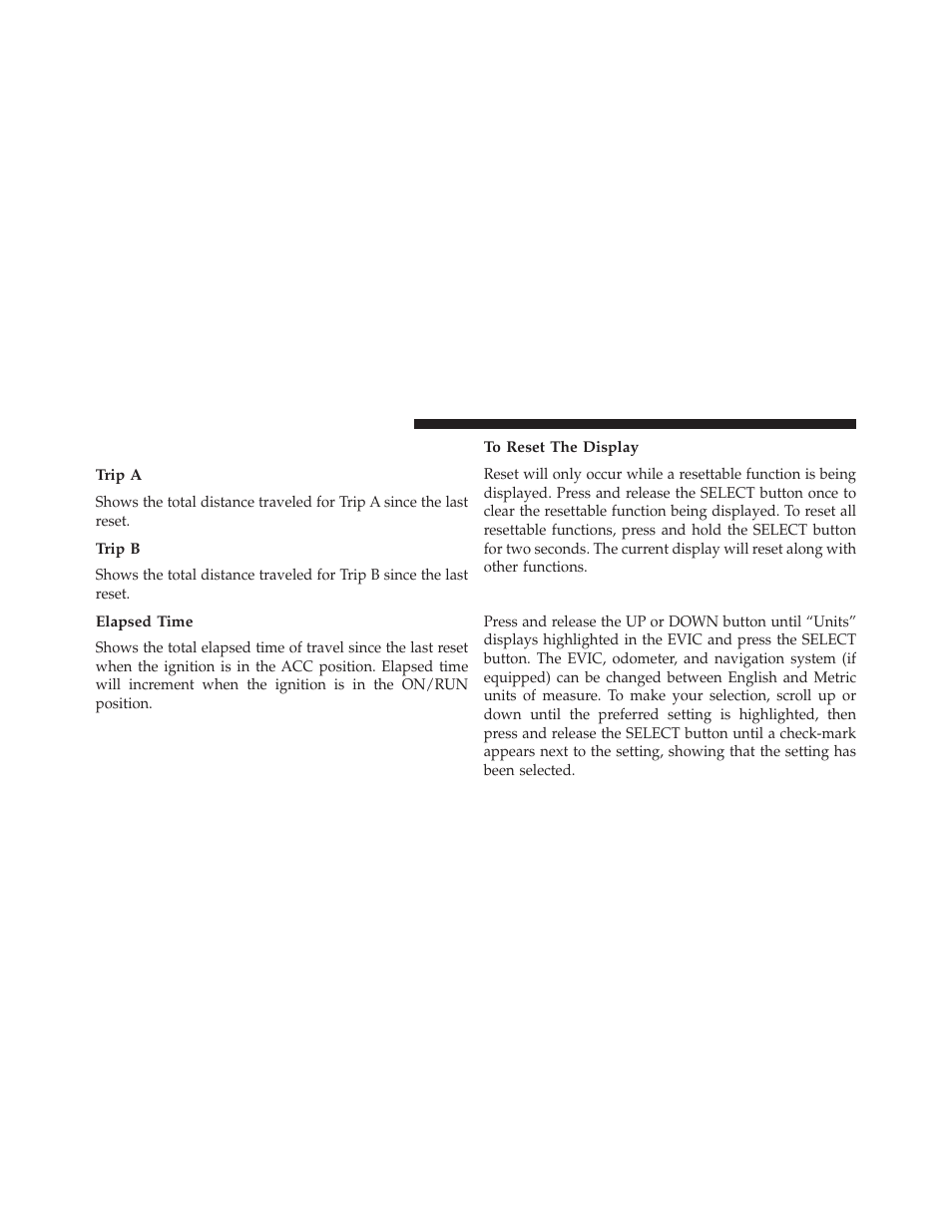 Trip info, Trip a, Trip b | Elapsed time, To reset the display, Units | Dodge 2013 Charger - Owner Manual User Manual | Page 340 / 631