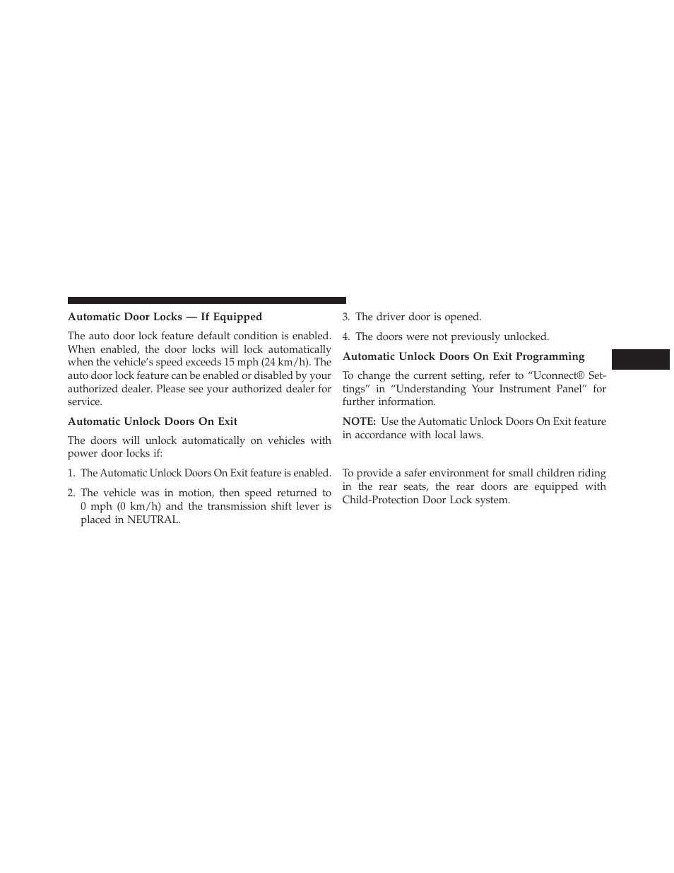 Automatic door locks — if equipped, Automatic unlock doors on exit, Automatic unlock doors on exit programming | Child-protection door lock system — rear doors, Child-protection door lock system — rear, Doors | Dodge 2013 Charger - Owner Manual User Manual | Page 35 / 631