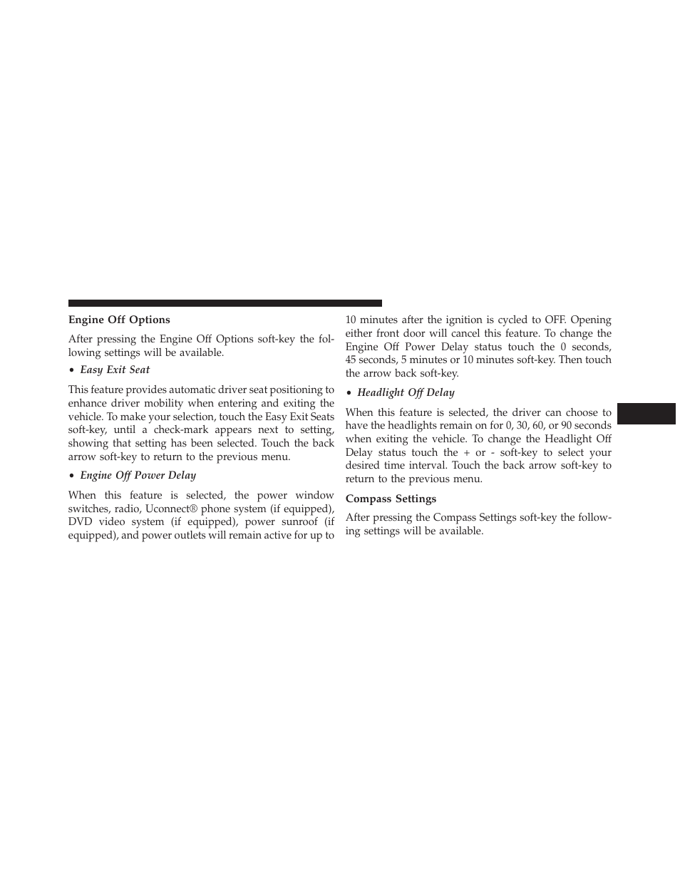 Engine off options, Compass settings | Dodge 2013 Charger - Owner Manual User Manual | Page 369 / 631