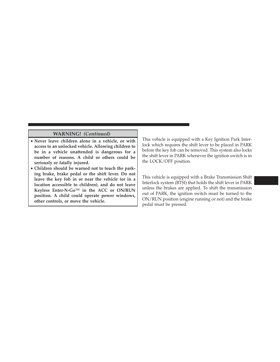 Key ignition park interlock, Brake/transmission shift interlock system | Dodge 2013 Charger - Owner Manual User Manual | Page 403 / 631