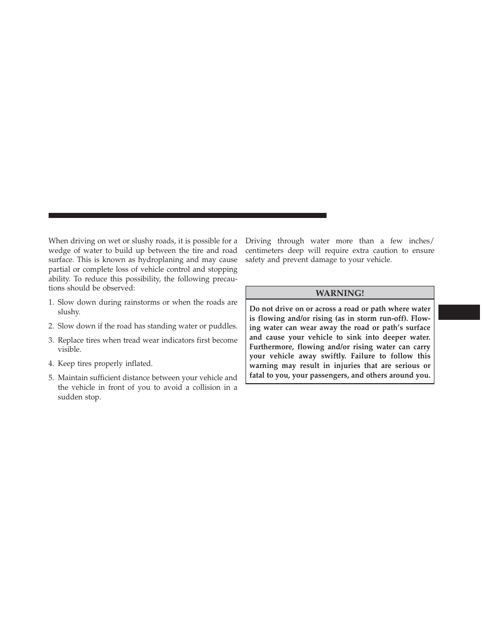Traction, Driving through water, Flowing/rising water | Dodge 2013 Charger - Owner Manual User Manual | Page 427 / 631