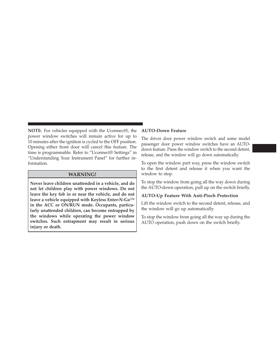 Auto-down feature, Auto-up feature with anti-pinch protection | Dodge 2013 Charger - Owner Manual User Manual | Page 43 / 631