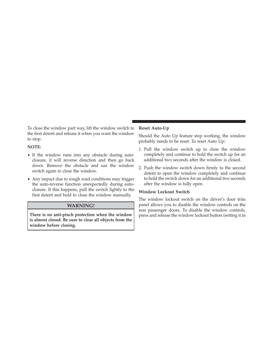 Reset auto-up, Window lockout switch | Dodge 2013 Charger - Owner Manual User Manual | Page 44 / 631
