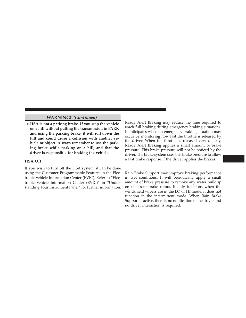 Hsa off, Ready alert braking, Rain brake support | Dodge 2013 Charger - Owner Manual User Manual | Page 441 / 631