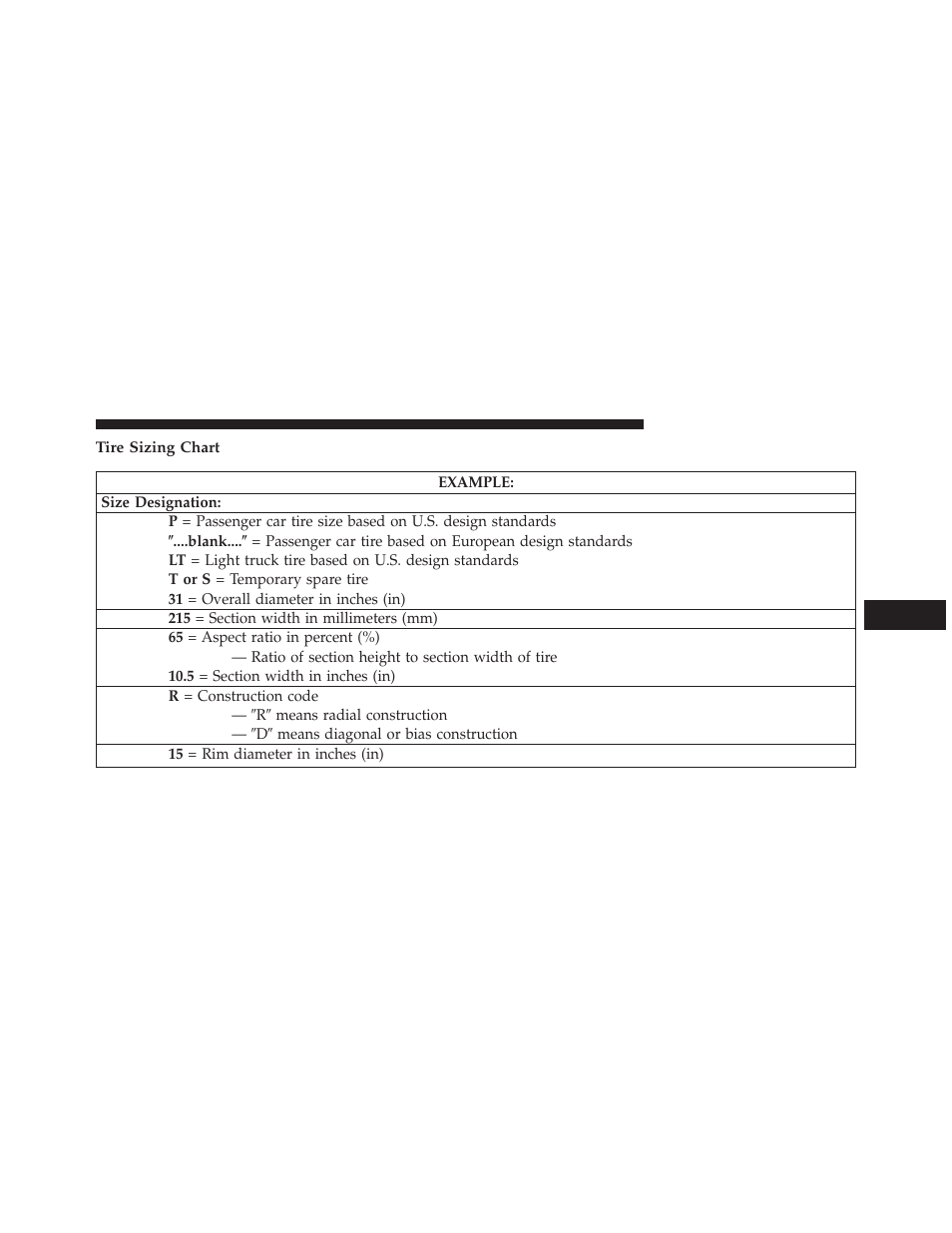 Tire sizing chart | Dodge 2013 Charger - Owner Manual User Manual | Page 445 / 631