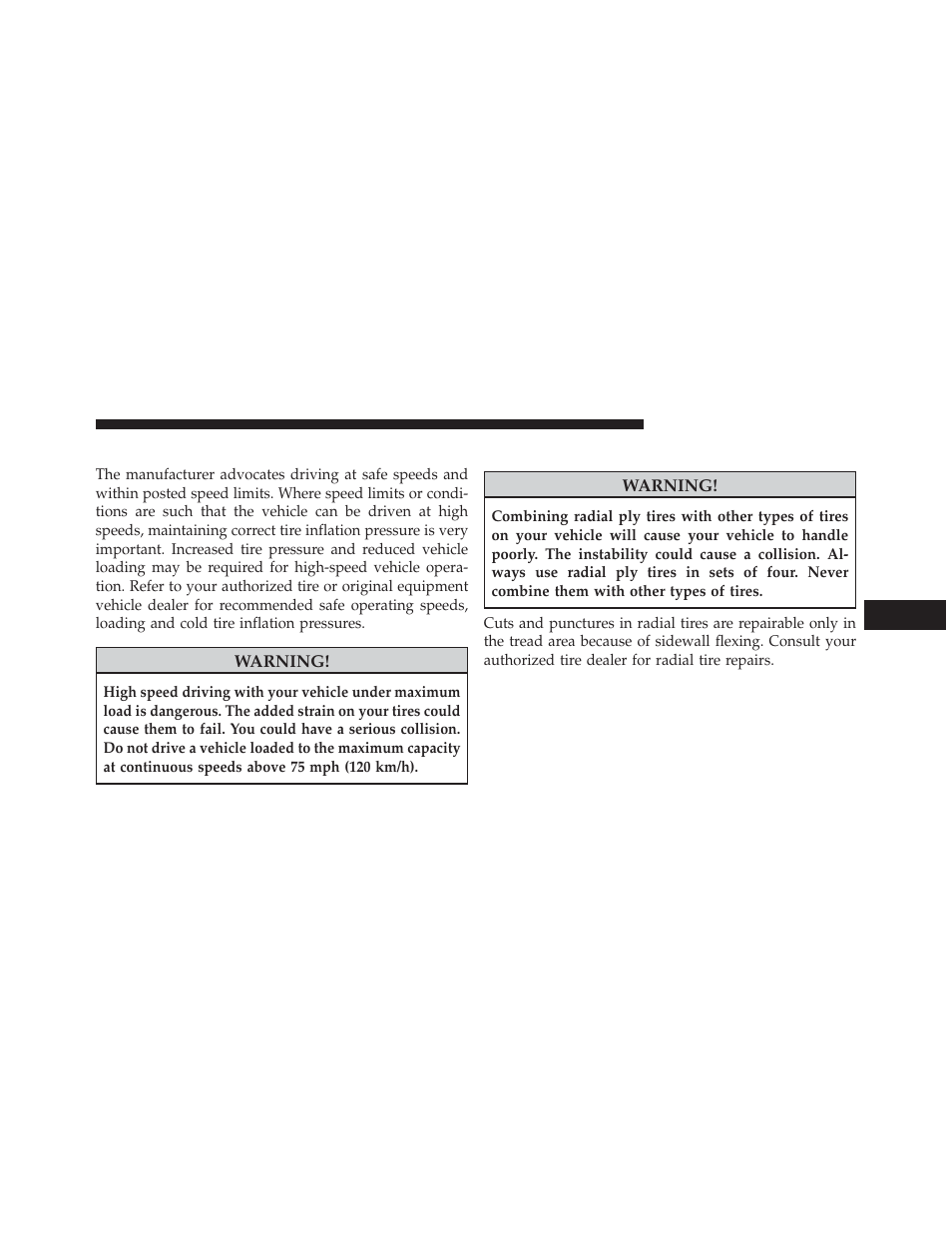 Tire pressures for high speed operation, Radial ply tires | Dodge 2013 Charger - Owner Manual User Manual | Page 457 / 631