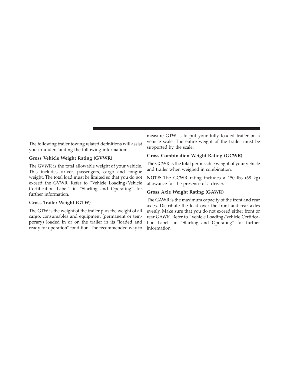 Common towing definitions, Gross vehicle weight rating (gvwr), Gross trailer weight (gtw) | Gross combination weight rating (gcwr), Gross axle weight rating (gawr) | Dodge 2013 Charger - Owner Manual User Manual | Page 494 / 631