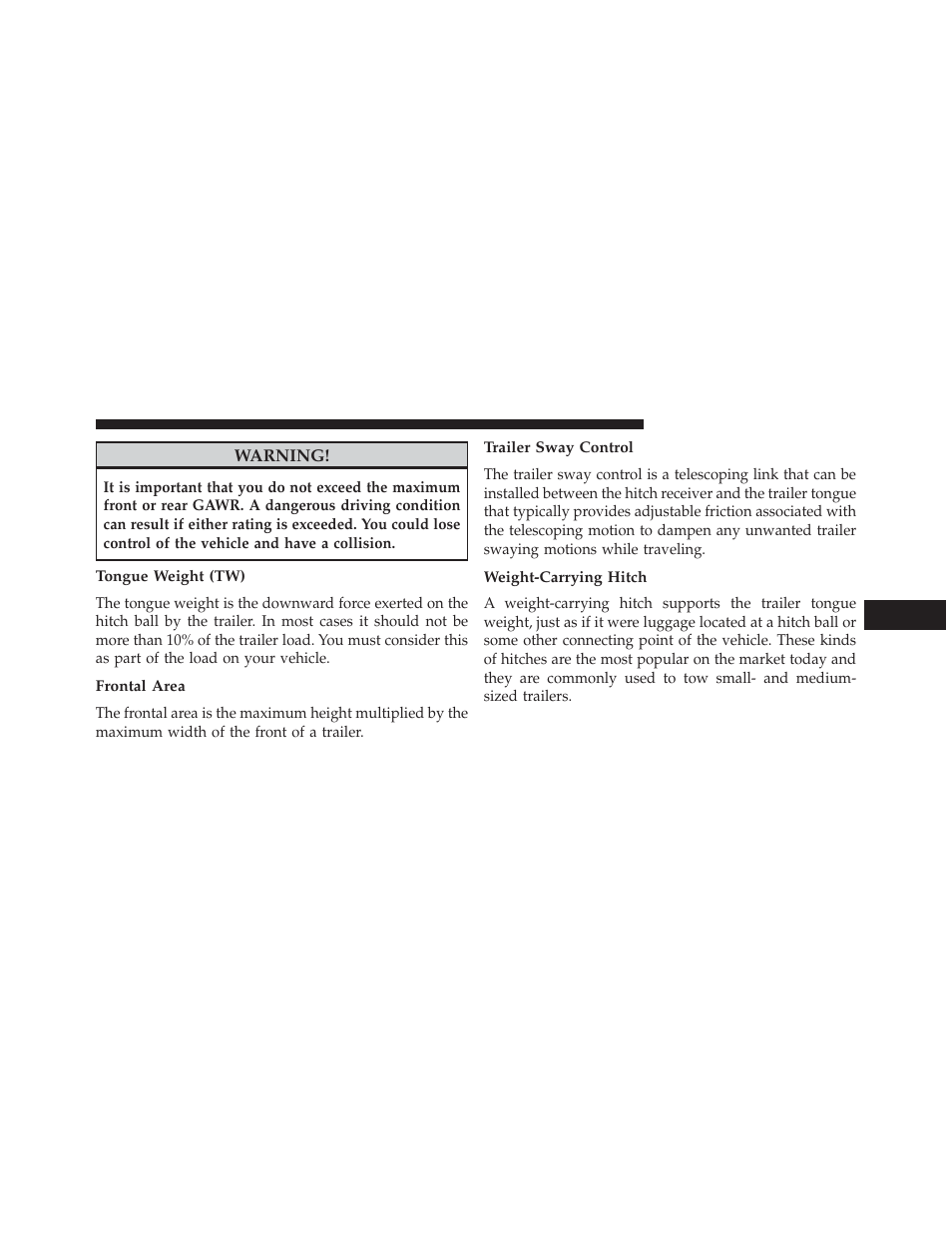 Tongue weight (tw), Frontal area, Trailer sway control | Weight-carrying hitch | Dodge 2013 Charger - Owner Manual User Manual | Page 495 / 631