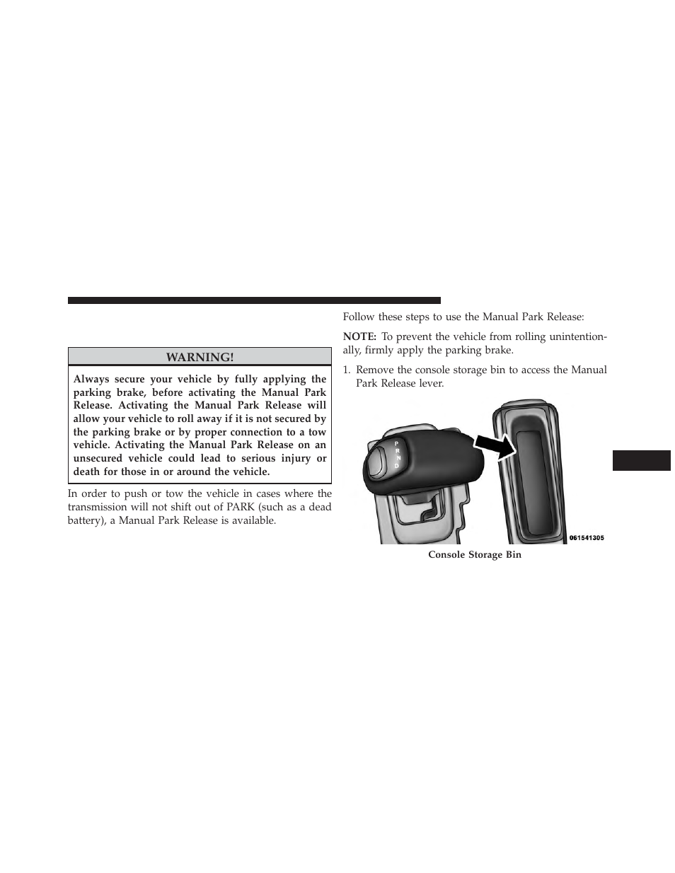 Manual park release — 8 speed, Transmission (3.6l engine) | Dodge 2013 Charger - Owner Manual User Manual | Page 527 / 631