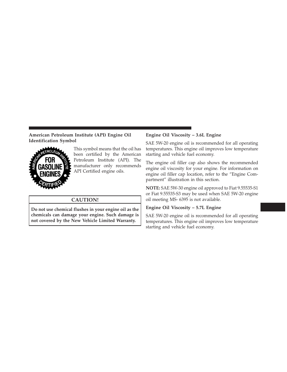 Engine oil viscosity – 3.6l engine, Engine oil viscosity – 5.7l engine | Dodge 2013 Charger - Owner Manual User Manual | Page 543 / 631