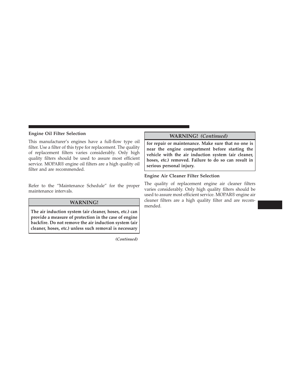 Engine oil filter selection, Engine air cleaner filter, Engine air cleaner filter selection | Dodge 2013 Charger - Owner Manual User Manual | Page 545 / 631