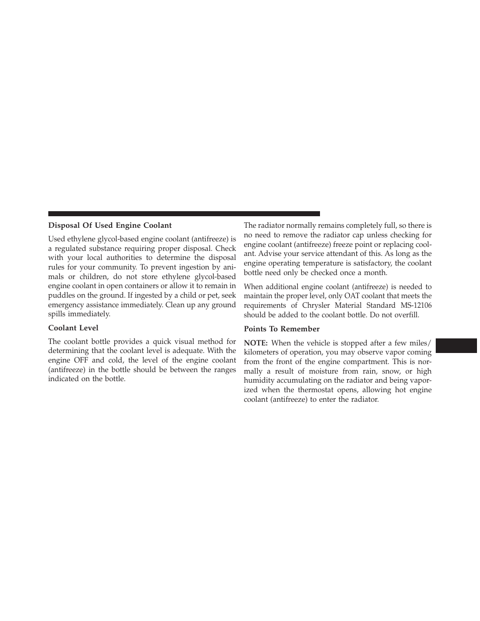 Disposal of used engine coolant, Coolant level, Points to remember | Dodge 2013 Charger - Owner Manual User Manual | Page 559 / 631