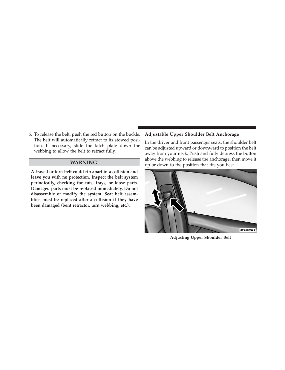 Adjustable upper shoulder belt anchorage | Dodge 2013 Charger - Owner Manual User Manual | Page 56 / 631