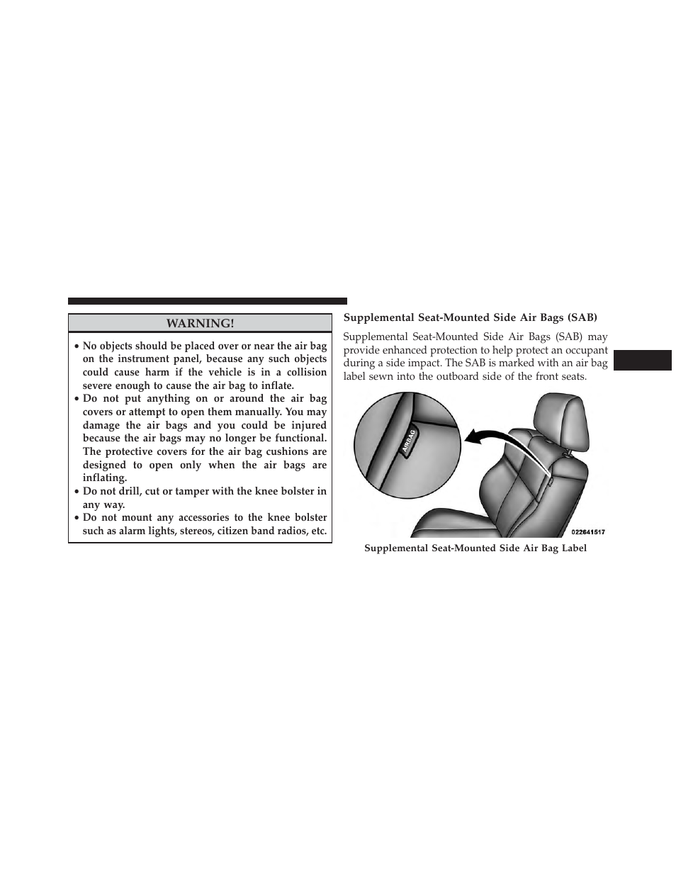 Supplemental seat-mounted side air bags (sab) | Dodge 2013 Charger - Owner Manual User Manual | Page 65 / 631