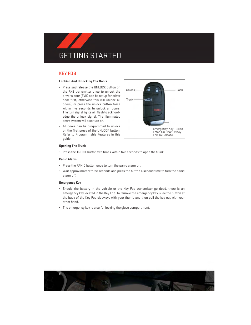 Getting started, Key fob, Locking and unlocking the doors | Opening the trunk, Panic alarm, Emergency key | Dodge 2013 Charger-SRT - User Guide User Manual | Page 10 / 132