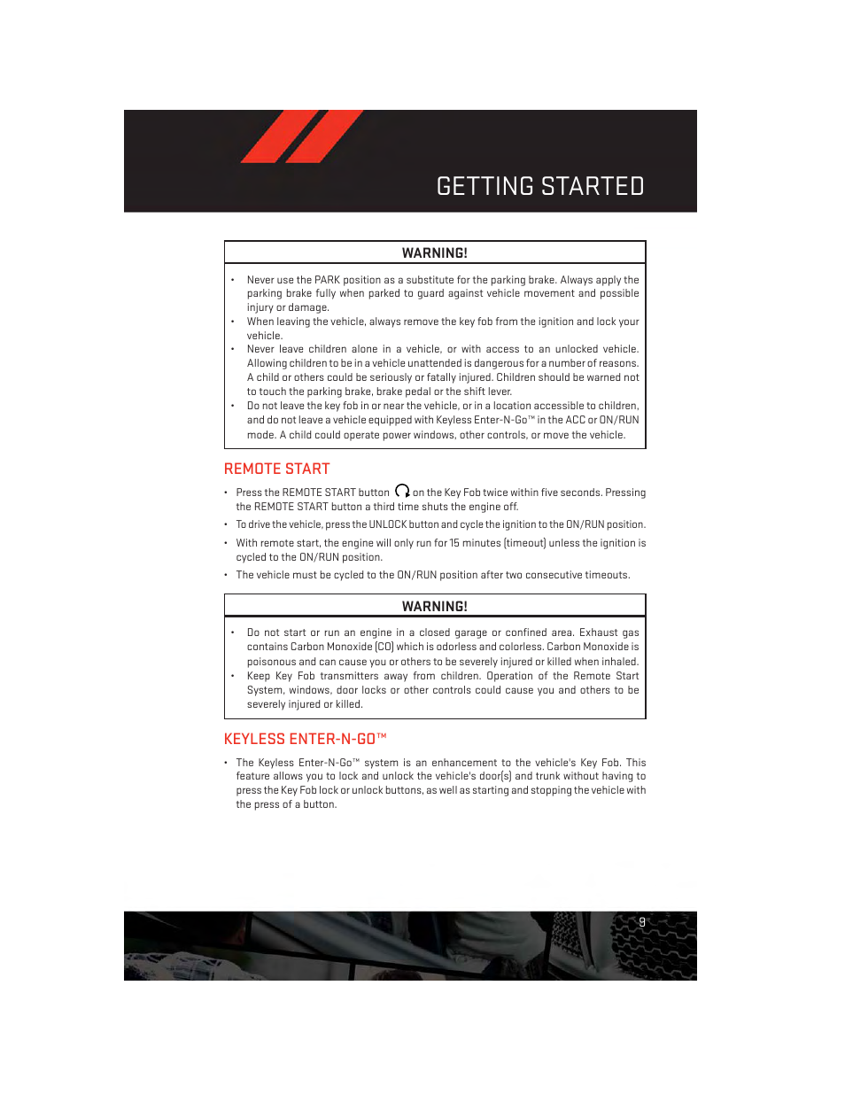 Remote start, Keyless enter-n-go, Getting started | Dodge 2013 Charger-SRT - User Guide User Manual | Page 11 / 132