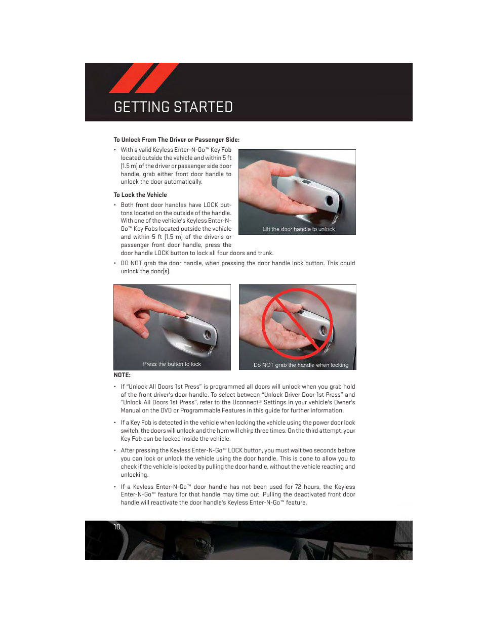 To unlock from the driver or passenger side, To lock the vehicle, Getting started | Dodge 2013 Charger-SRT - User Guide User Manual | Page 12 / 132