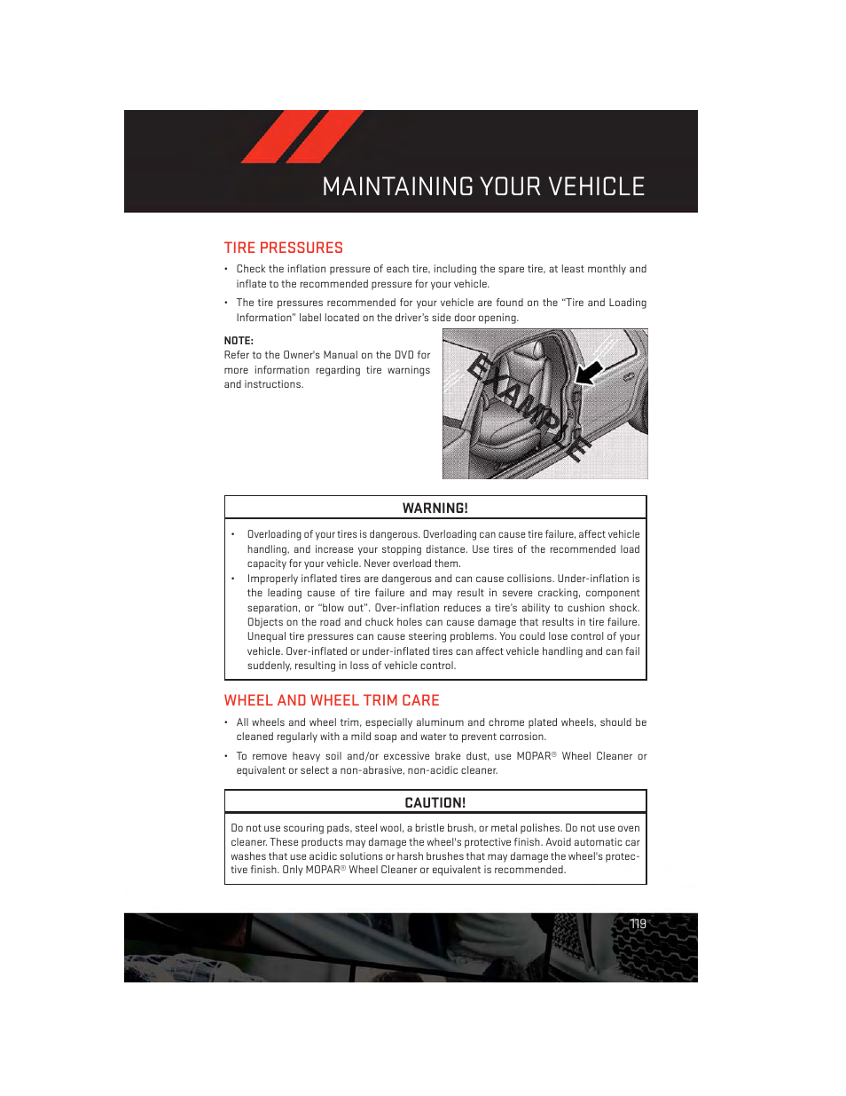 Tire pressures, Wheel and wheel trim care, Maintaining your vehicle | Dodge 2013 Charger-SRT - User Guide User Manual | Page 121 / 132