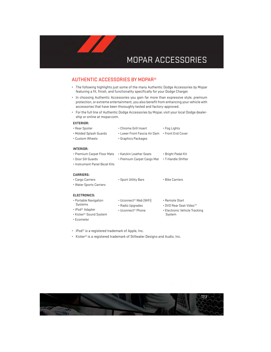 Mopar accessories, Authentic accessories by mopar | Dodge 2013 Charger-SRT - User Guide User Manual | Page 125 / 132