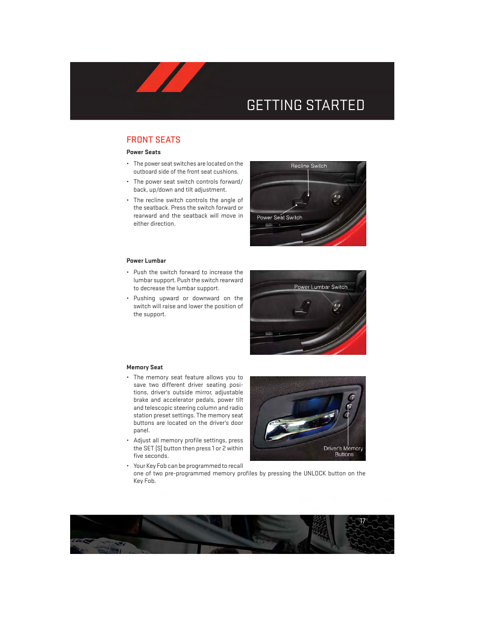 Front seats, Power seats, Power lumbar | Memory seat, Getting started | Dodge 2013 Charger-SRT - User Guide User Manual | Page 19 / 132