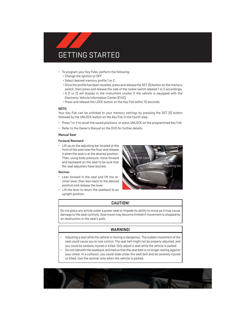 Manual seat, Getting started | Dodge 2013 Charger-SRT - User Guide User Manual | Page 20 / 132