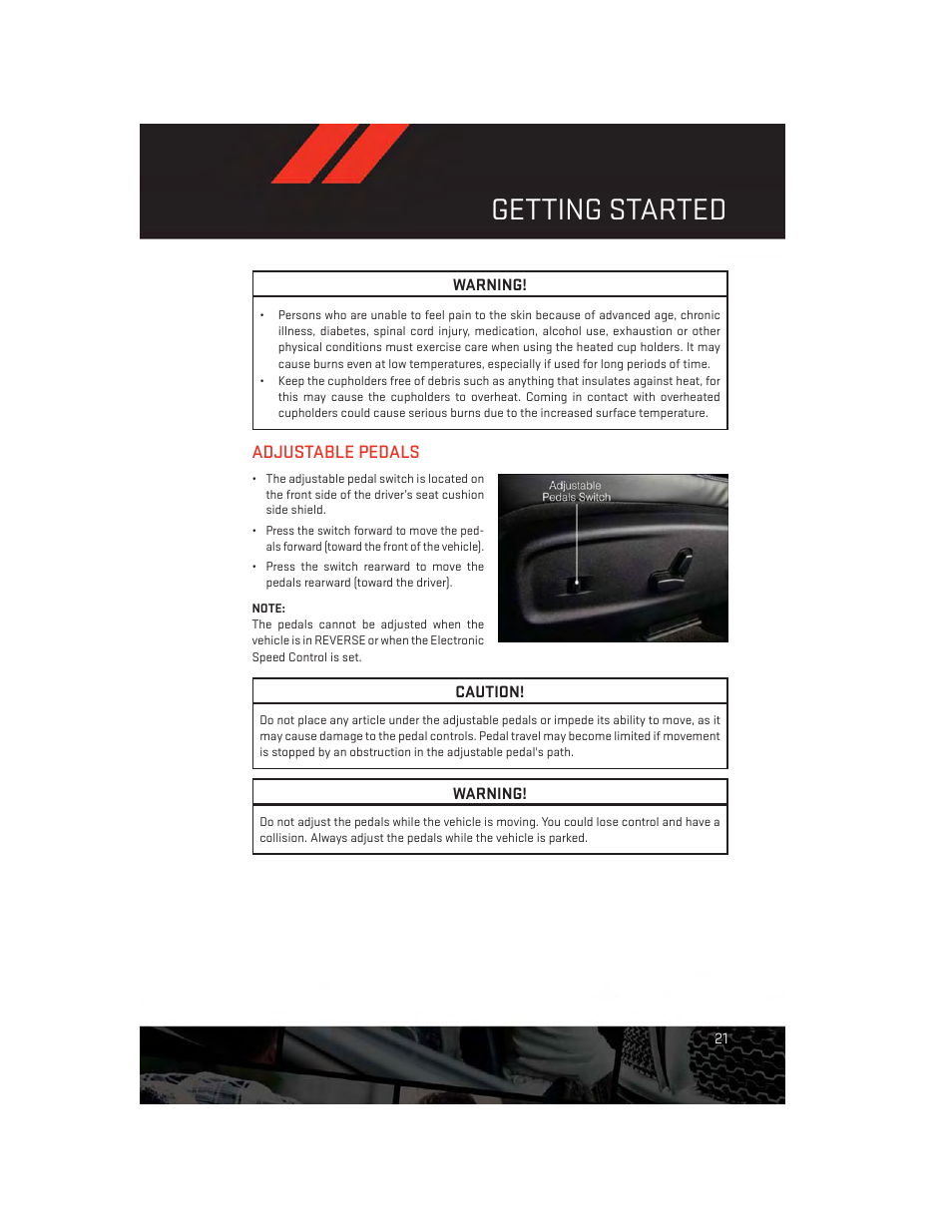 Adjustable pedals, Getting started | Dodge 2013 Charger-SRT - User Guide User Manual | Page 23 / 132