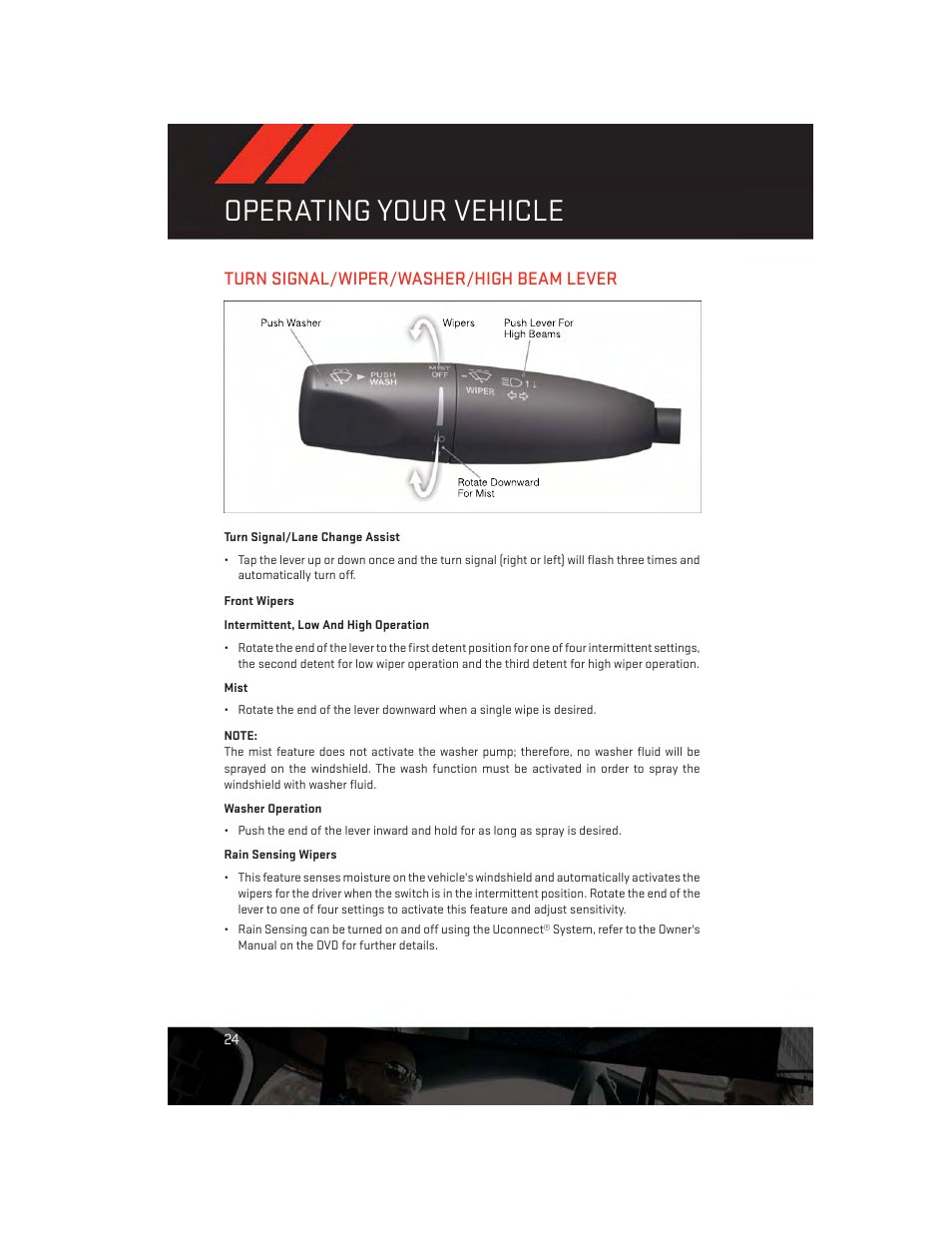 Turn signal/wiper/washer/high beam lever, Turn signal/lane change assist, Front wipers | Operating your vehicle | Dodge 2013 Charger-SRT - User Guide User Manual | Page 26 / 132