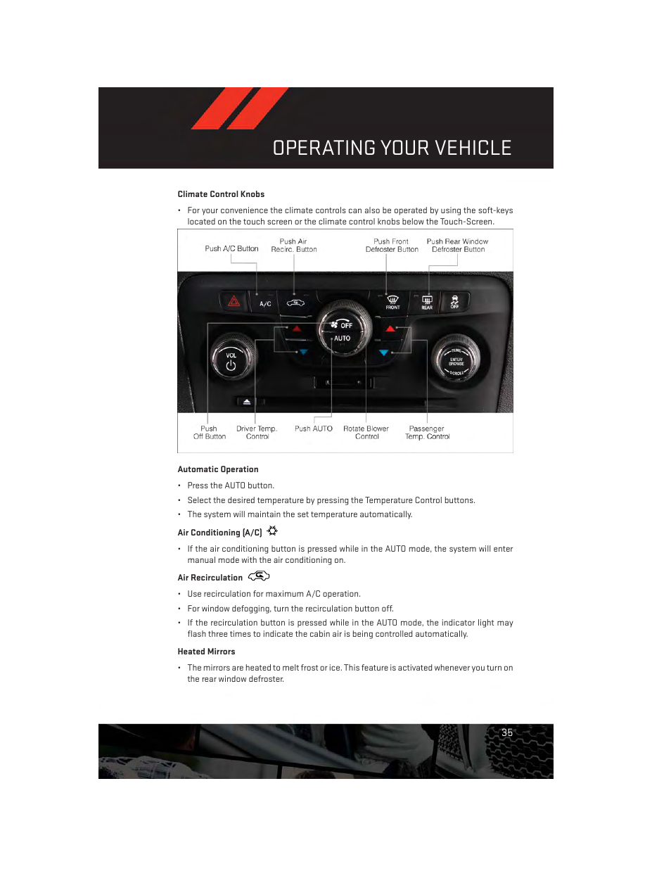 Climate control knobs, Automatic operation, Air conditioning (a/c) | Air recirculation, Heated mirrors, Operating your vehicle | Dodge 2013 Charger-SRT - User Guide User Manual | Page 37 / 132