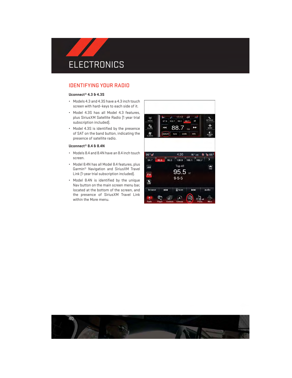 Identifying your radio, Uconnect® 4.3 & 4.3s, Uconnect® 8.4 & 8.4n | Electronics | Dodge 2013 Charger-SRT - User Guide User Manual | Page 42 / 132