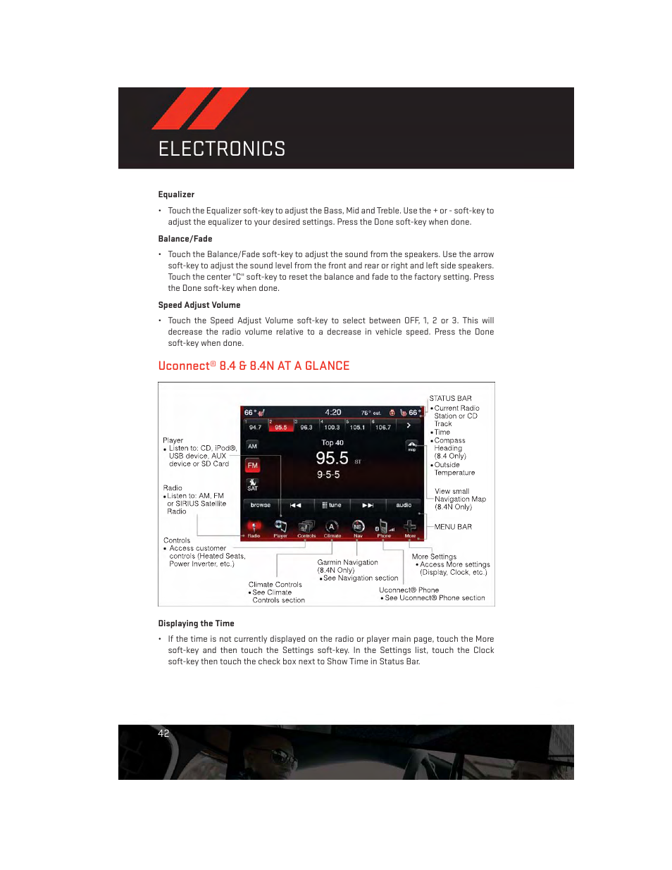 Uconnect® 8.4 & 8.4n at a glance, Electronics | Dodge 2013 Charger-SRT - User Guide User Manual | Page 44 / 132