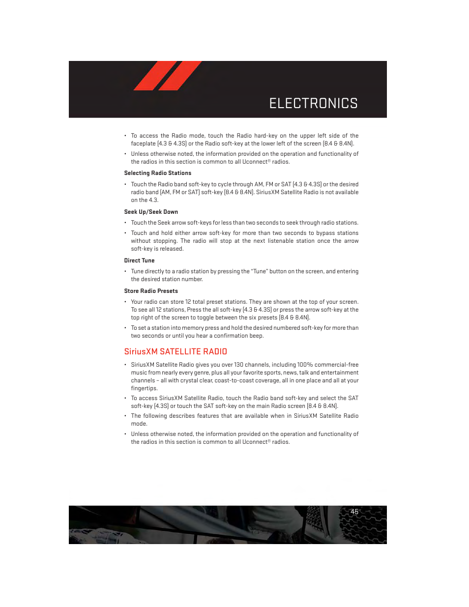 Siriusxm satellite radio, Electronics | Dodge 2013 Charger-SRT - User Guide User Manual | Page 47 / 132