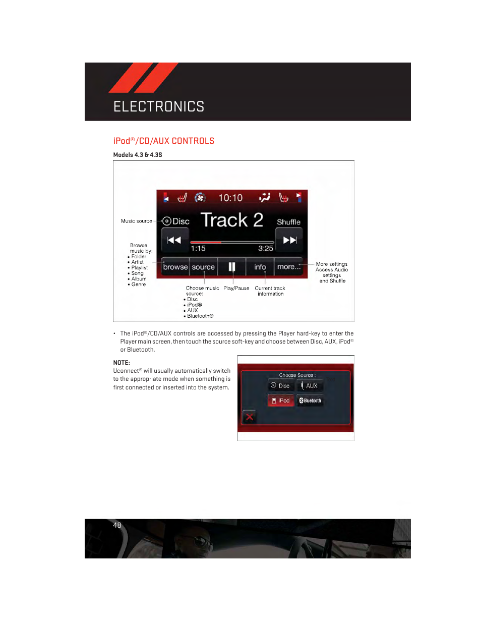 Ipod®/cd/aux controls, Electronics | Dodge 2013 Charger-SRT - User Guide User Manual | Page 50 / 132