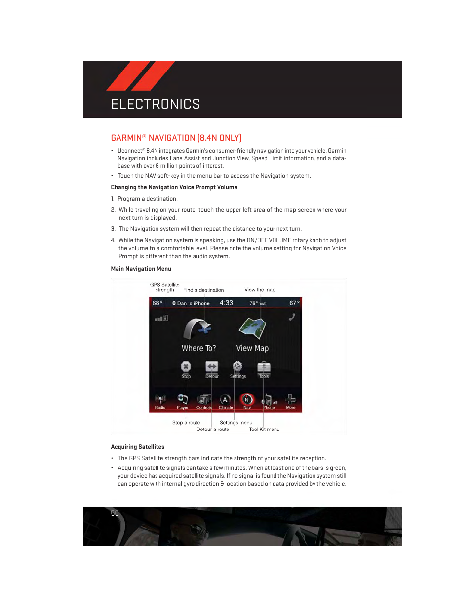 Garmin® navigation (8.4n only), Main navigation menu, Electronics | Dodge 2013 Charger-SRT - User Guide User Manual | Page 52 / 132